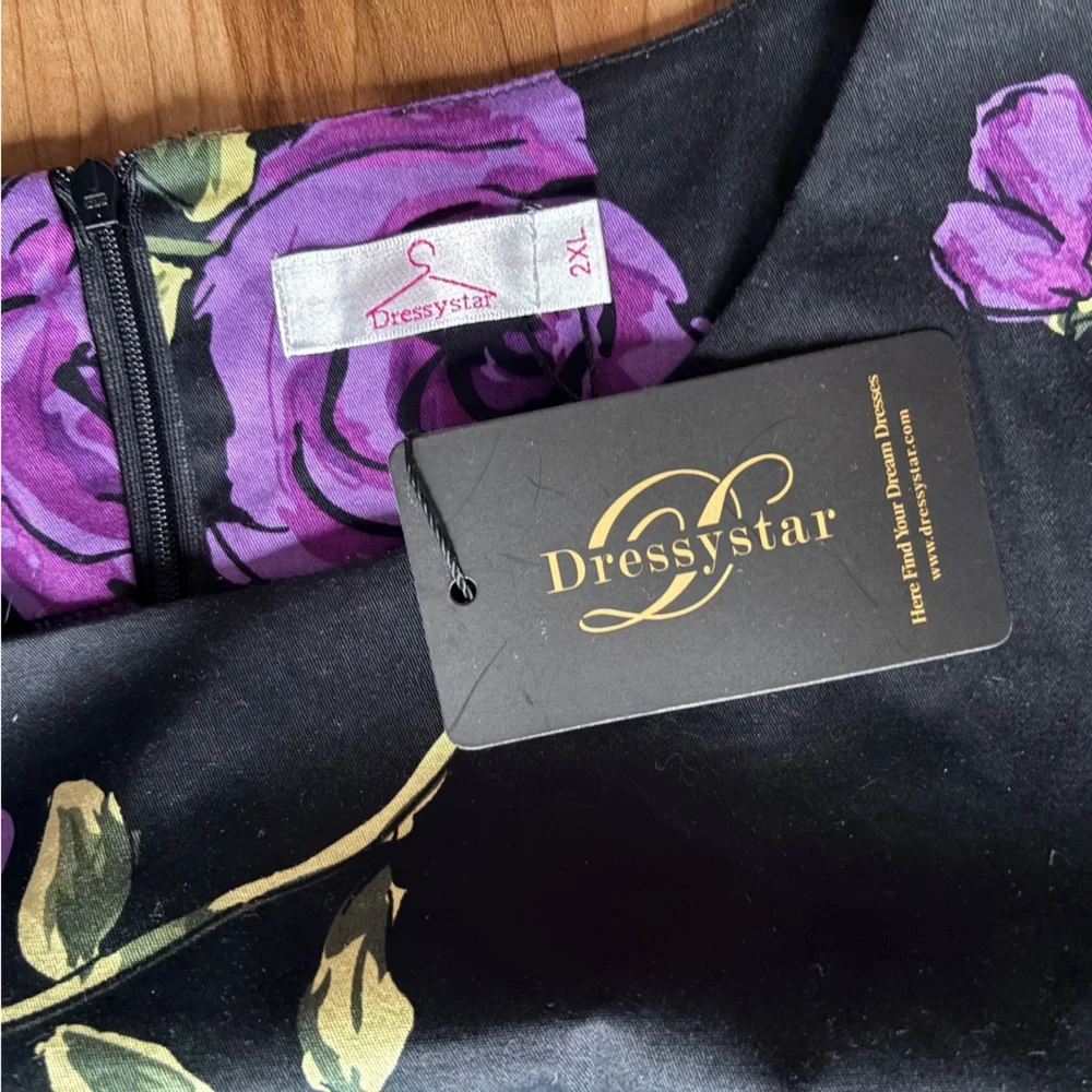 Women's Black Fit and Flair Midi Dress with Purple Rose Print and Waist Tie 2X - Picture 3 of 6